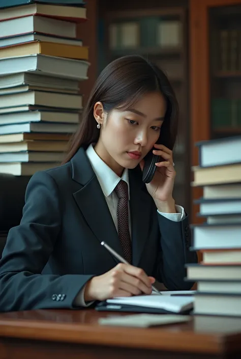 Office Building，Female lawyer on the phone，desk，A lot of files，，Law firm，Suit tie，Work Scene，Various angles，Film Style