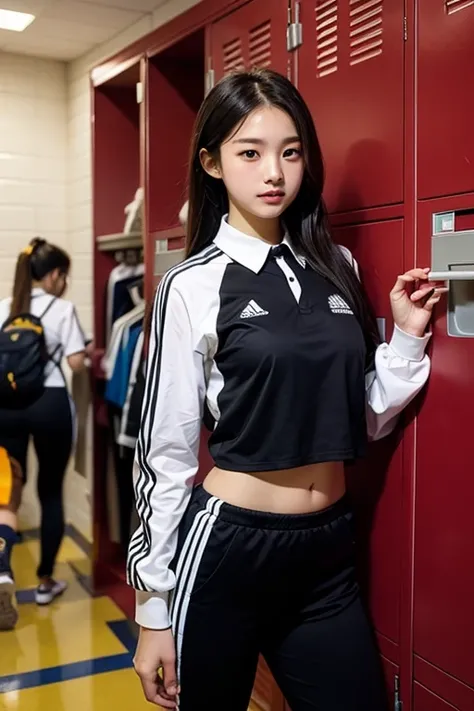 A high school girl who looks like an idol of the track and field club wearing black jersey long pants in the locker room