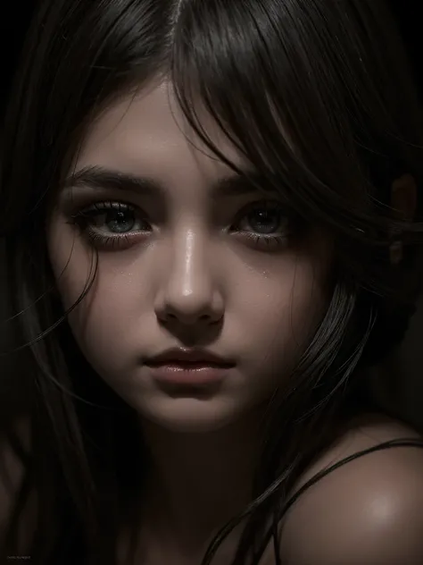 A girl curled up in the dark, face buried in her knees, beautiful detailed eyes, beautiful detailed lips, extremely detailed eyes and face, long eyelashes, sad expression, dramatic lighting, moody atmosphere, dark colors, chiaroscuro, cinematic, digital ar...