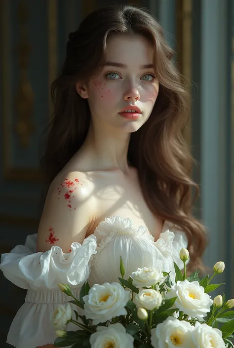 Aristocracy girl, with brown hair, blue eyes, White skin, holding white flowers, with blood stains, realist
