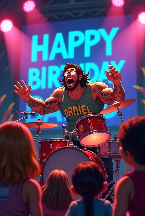 Animated muscular guy with tattoos that say cristy with a sleeveless Bob Marley shirt and reading glasses with a shaggy hair playing the drums sitting at a concert that says happy birthday daniel in the background and a chubby rocker fan girl in love with ...