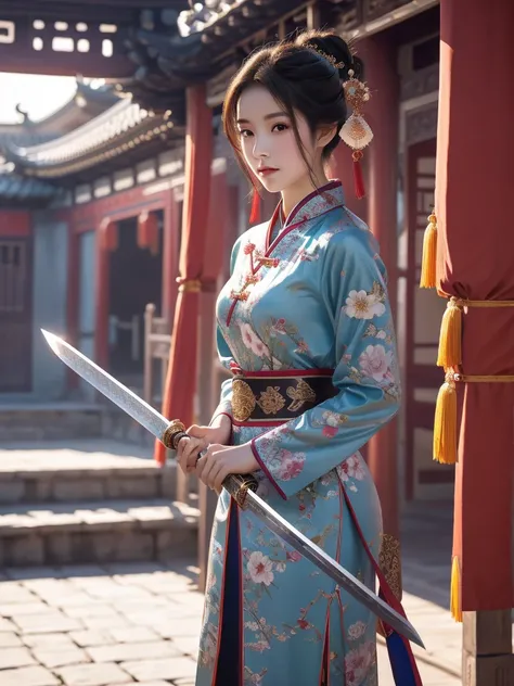 best quality, 8k, very delicate and beautiful, highly detailed face and skin texture, shiny skin, high resolution, beautiful chinese female swordsman wearing chinese traditional costume with sword at chinese temple at sunset, full body, sharp focus