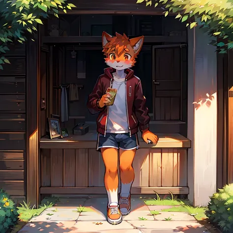 single, orange furry, cute boy, 19 years old, shy, smart, he has a hobby of walking in the morning, he always sits in the country park wearing a jacket and shorts while eating his favorite food, namely sandwiches