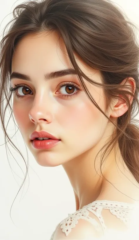 bncbchmp, light natural tones , ((pencil drawing , watercolor drawing)), portrait of a woman, detailed eyes, beautiful , highly detailed, soft color tones, soft lighting, detailed lines, sharp, realistic, brush strokes, light hints of paint drips