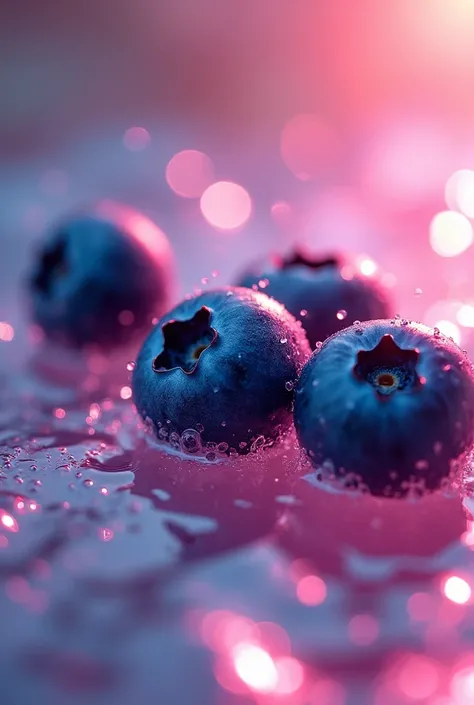 refreshing, vibrant glowing 3 blueberries, floating in the water,  macro photography, dew drops, pink lighting, glitters in the water, refreshing  , in the style of a product hero shot in motion, dynamic magazine ad image, photorealism, flowing water backg...