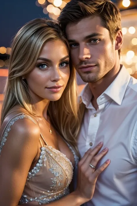 2 person date boat at night. Lovely couple. slim blonde woman wearing summer mini dress with rhinestones and lace. The man is wearing a shirt . He has brown hair. Both look forward into camera photorealistic details. Looking at camera close-up