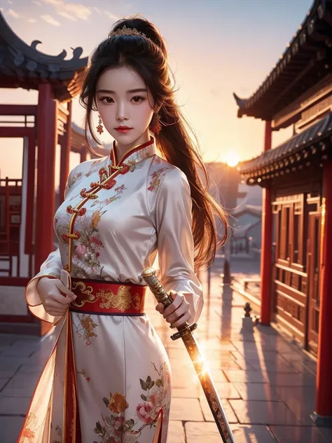 best quality, 8k, very delicate and beautiful, highly detailed face and skin texture, shiny skin, high resolution, beautiful chinese female swordsman wearing chinese traditional costume with sword at chinese temple at sunset, full body, sharp focus