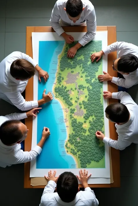 On a table a. Group of 4 scientists looking at a large map illustrated with landscapes like, mountains, a town and city and forests without sea.