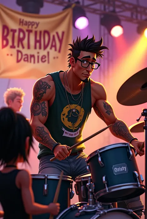 Animated muscular guy with tattoos that say cristy wearing a sleeveless Bob Marley shirt with reading glasses and scruffy hair playing drums sitting at a concert that says happy birthday daniel in the background and a fat fan girl dressed in black rocker i...