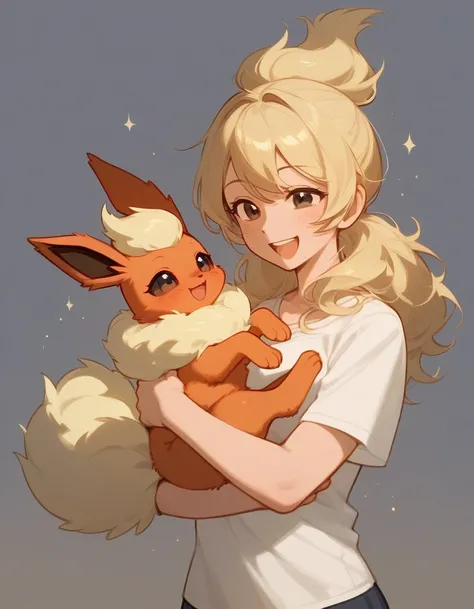 score_9,score_8_up,score_7_up, feral flareon, happy, carried in arms of a human.