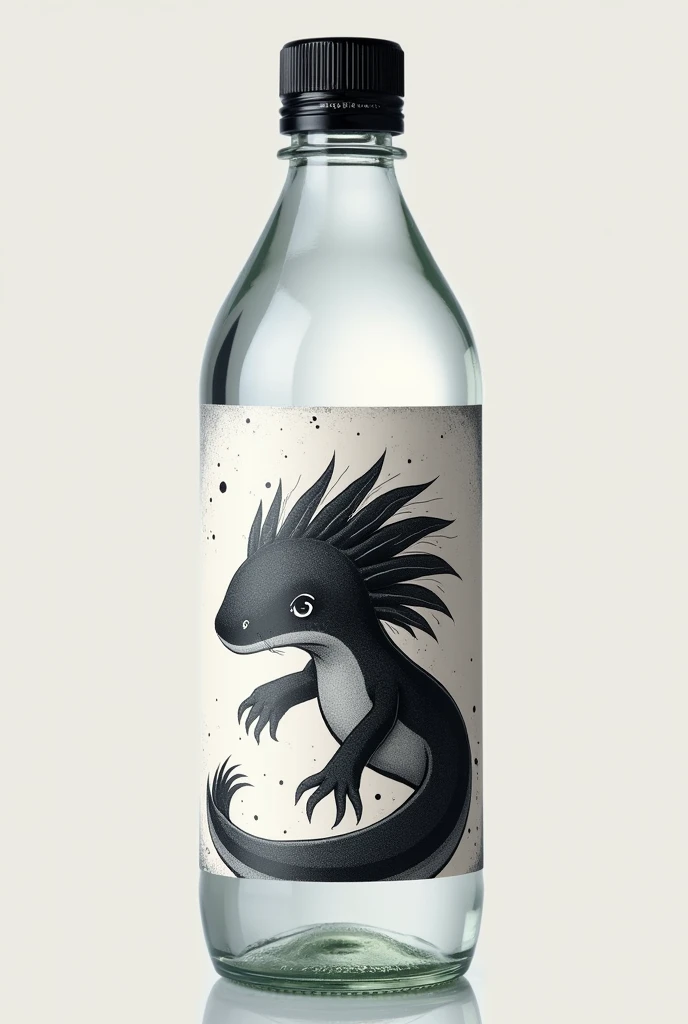 Create a label for a bottle of flavored water with an axolotl that looks formal and nice with black, gray and white colors 
