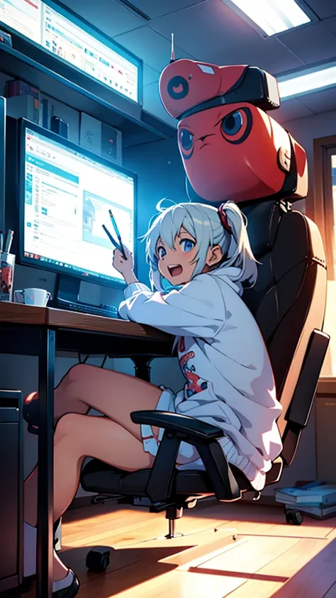 An excited person sitting at their computer, anime-themed decorations around