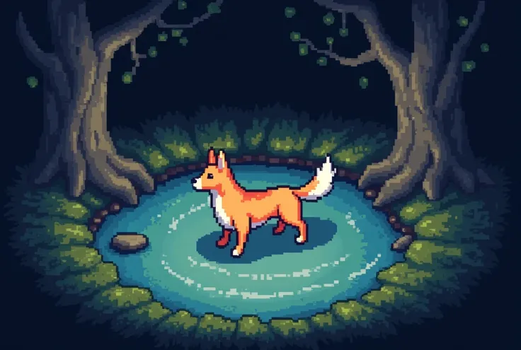 pixel art of Dog in the middle of a scene in the style of fantasy creatures, 2D game asset, pixelart, 8-bit aesthetic, low resolution, simple design, dark background, pixel perfect, 40x35 pixels, no shadows, isometric view, water 