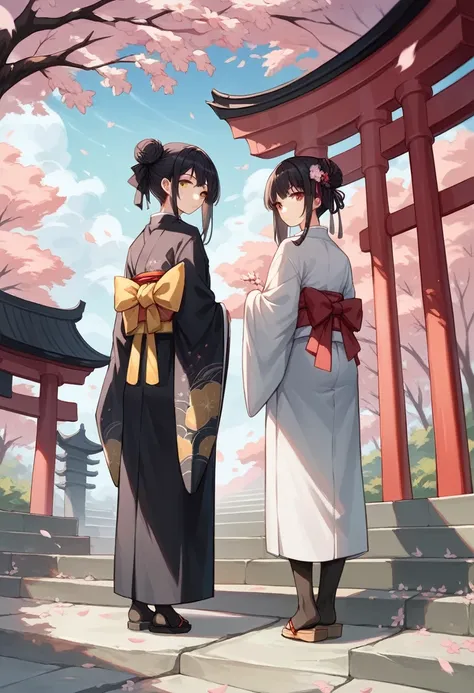 ((masterpiece,best quality)),2girls, black kimono, black legwear, black ribbon, black hair, cherry blossoms, day, flower, hair bun, hair ribbon, japanese clothes, kimono, long hair, looking at viewer, looking back , multiple girls, belts, outdoors, red eye...