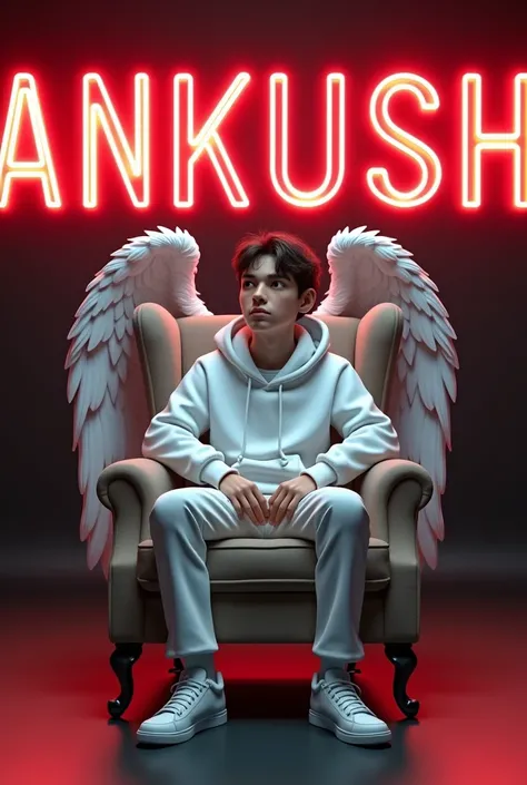 Create a realistic 3D illusion for a profile picture where a 22-year-old boy in a white hoodie is sitting casually on a Wingback  Chair. Wearing sneakers and a white shirt, he looks ahead. The background features “ANKUSH” in big and capital red neon light ...