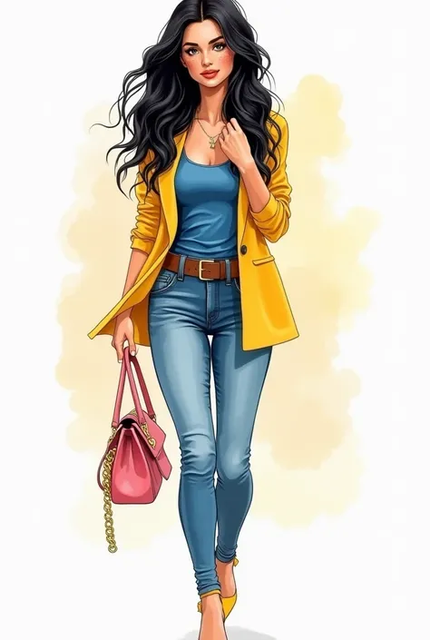 Watercolor illustration of a female character. a beautiful woman is 25 years old,she has wavy black hair falling in a cascade. She has striking eyes and freckles on her face .A woman is wearing a yellow blazer over a blue tank top and blue jeans with a bro...