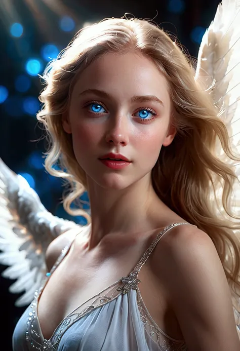 a pale-skinned woman, blue eyes and angelic face dance with a dreamy expression., as if she were dreaming. camera angle capturin...