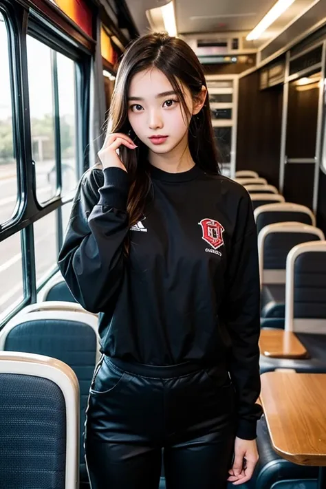 A high school girl who looks like an idol of the track and field club wearing long sleeves, black jersey and long pants on the club bus