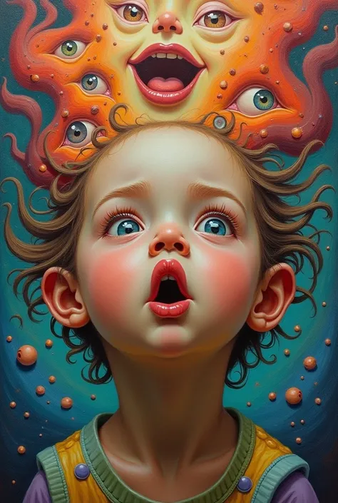 A surreal painting of a child with multiple faces, each expressing a different emotion. The child is surrounded by colorful swirls and abstract shapes.