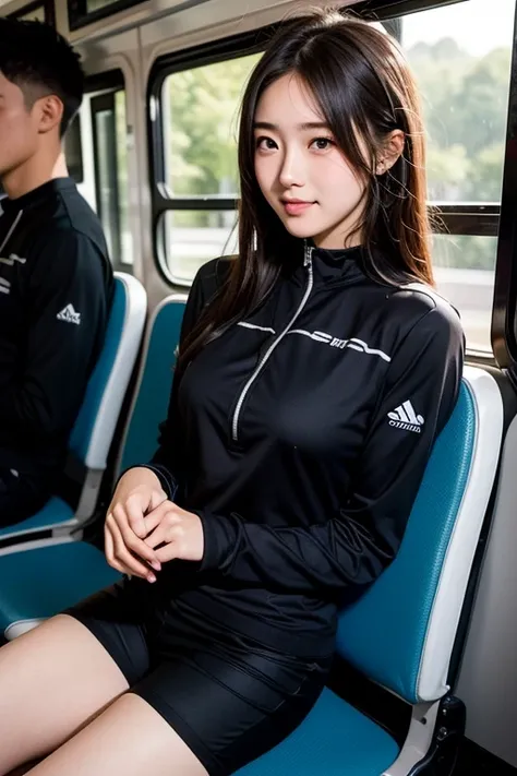 A high school girl who looks like an idol of the track and field club, blushing on the club bus in a long-sleeved black jersey and long pants