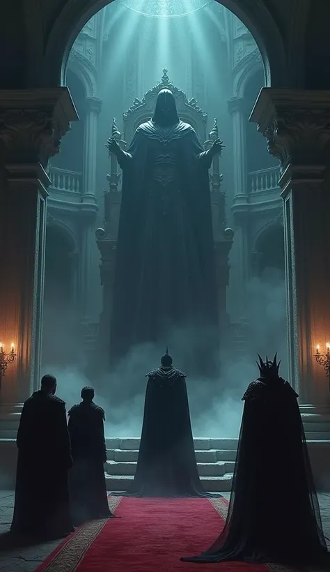 "A dramatic scene in the throne room of a dark realm. The throne, once occupied by a king, is now empty, and the kings form has transformed into a dark witch. The throne room is grand but shrouded in darkness, with eerie shadows and sinister magic. The bla...