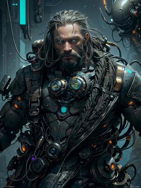 Male cyborg with glowing machine parts, Intricate mechanical details, Glowing mechanical joints, wire, cable, science fiction, face portrait, Upper chest, futuristic fantasy setting, Sophisticated, forward-thinking design, looking at viewer, mustache, , be...