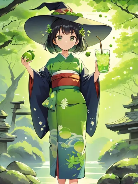 japanese woman wearing kimono, witch, cartoon, holding lime sprite, japanese environment background