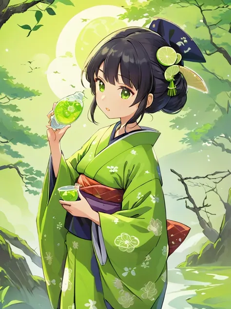 Japanese woman wearing kimono, witch, cartoon, holding Lime Sprite, Japanese environment background