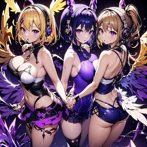 ((Highest quality)), (detailed), Holding hands and standing with their backs together, a girl with dark blue hair, short hair, long bangs, large breasts, purple eyes, and white headphones, and a girl with average size, small breasts, long blonde hair, purp...