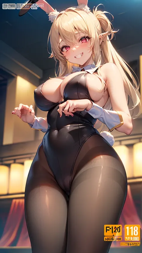 ((masterpiece、best quality、Very detailed)、((A girl))、((Blonde hair、Very long hair、Cover your eyes))、Pink Eyes、Smile、((There are many piercings))、((Very large breasts))、Cowboy shooting、Shot from below、Office Background，((best quality)), ((masterpiece)), (de...