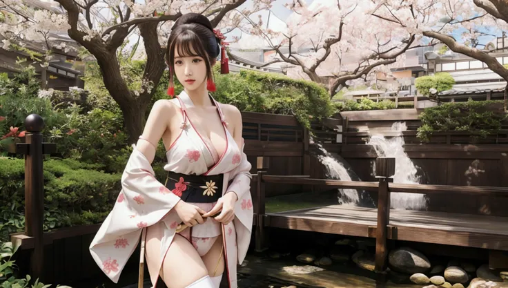 Kimono open shoulders open legs beautiful breasts stockings garden sakura samurai sword river