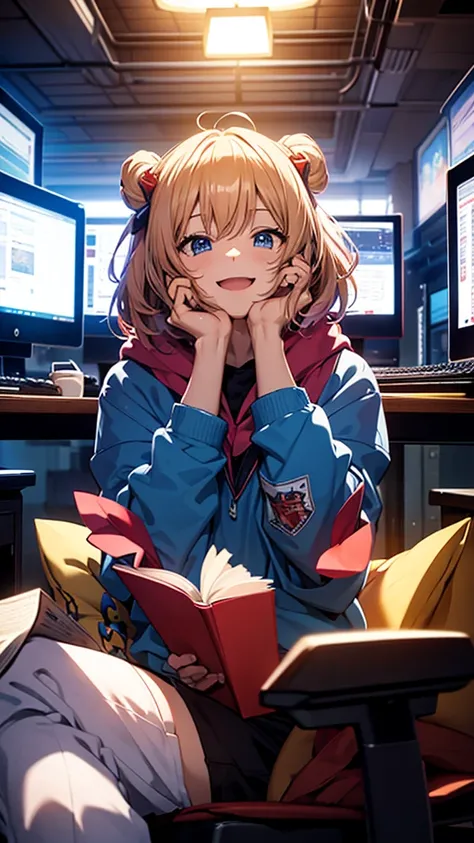 An excited person sitting at their computer, anime-themed decorations around