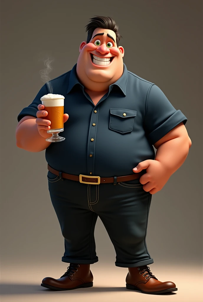 Disney style man 8k tall thin, dark brown cut hair, middle-age, small green eyes, Grinning, navy blue dress blouse, black jens pants, boot, Drinking beer.