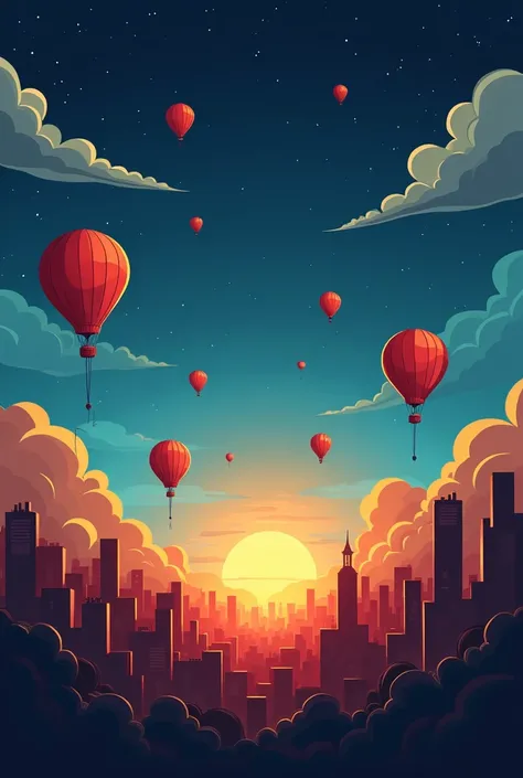 make a background with a blue, black, red and orange gradient and above about 5 balloons and below some buildings and in the middle the name migue but in cartoon mode