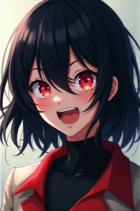 anime style，Black shoulder-length short hair，Half-length photo，Red pupils，Expression full of vigor