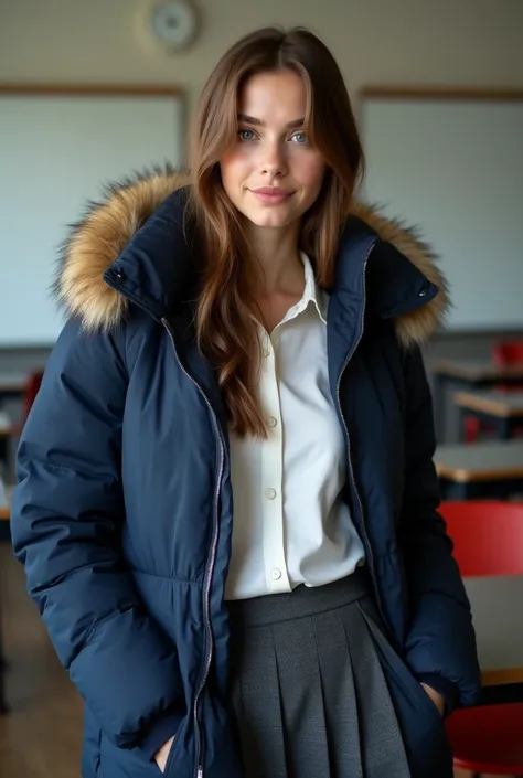 ((best quality)), ((masterpiece)), (detailed), perfect face, beautiful 16 year old woman, silk tight navy blue topshop puffer coat, seductive, face and body focus, (large breasts) , school uniform, tight silk white blouse, grey  pleated skirt, fluffy fur h...