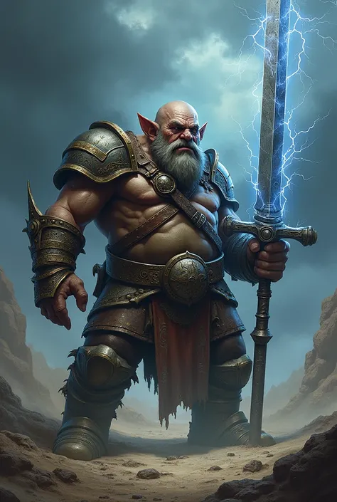 create a very ugly Dwarf with armor and a large sword imbued with lightning magic