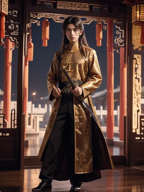 best quality, 8k, very delicate and beautiful, highly detailed face and skin texture, shiny skin, high resolution, long hair chinese male swordsman wearing chinese traditional costume with sword at chinese temple at night, under the moon light, full body, ...