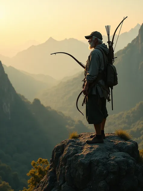 Older Cambodian hunter stands on a mountain , —ar 9:16