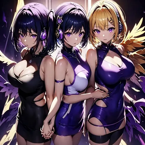 ((highest quality)), (detailed), holding hands and standing with their backs together, a girl with dark blue hair, short hair, l...