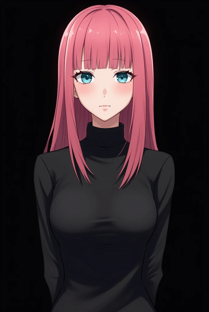 (masterpiece),(best quality:1.5),(highres), wallpaper 8k, detail skin, detail face, detail eyes, 1girl, solo, pink hair, long hair,Blunt bangs,blue eyes, black dress, medium breasts, standing, full body, indoor, simpel blackground, anime,