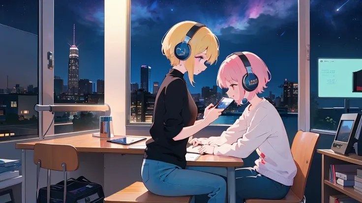 girl study on a desk while listening to jazz on headphones with night sky in the background
