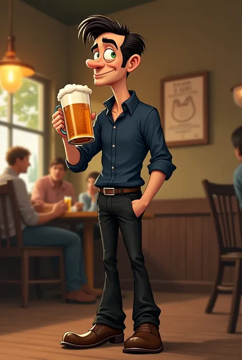 Tall, skinny Disney style man, dark brown cut hair, middle-age, small green eyes, Grinning, navy blue dress blouse, black jens pants, boot, Drinking beer.