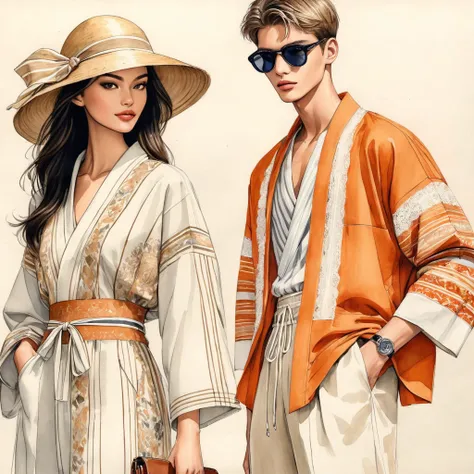 candid fashion illustration a group of young man and girl, aged 18-23 year old, tall and slender, Mixed race super model, ((showcase fashion in a cotton outfits inspired by designer Christian Dior resort collection)), in elegant modern Trible style with ((...