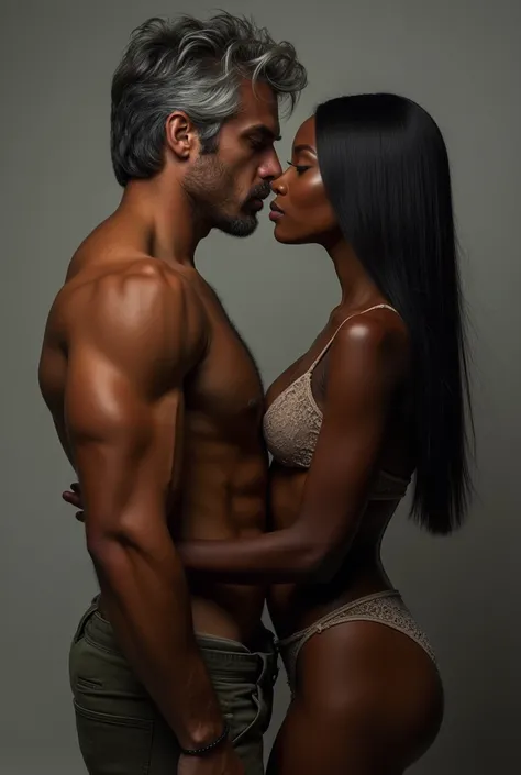 Create a photo of a African woman with long straight hair and a White man with grey hair and muscles but the top half of the woman should be exposed and the mans too 