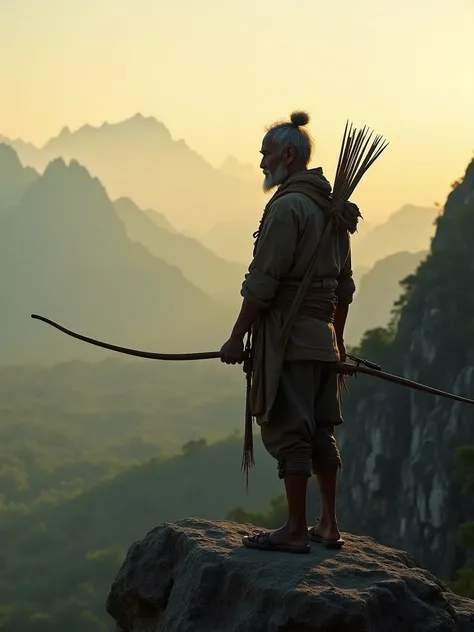 Older Cambodian hunter stands on a mountain , —ar 9:16