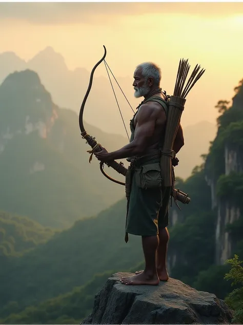 Older Cambodian hunter stands on a mountain , —ar 9:16