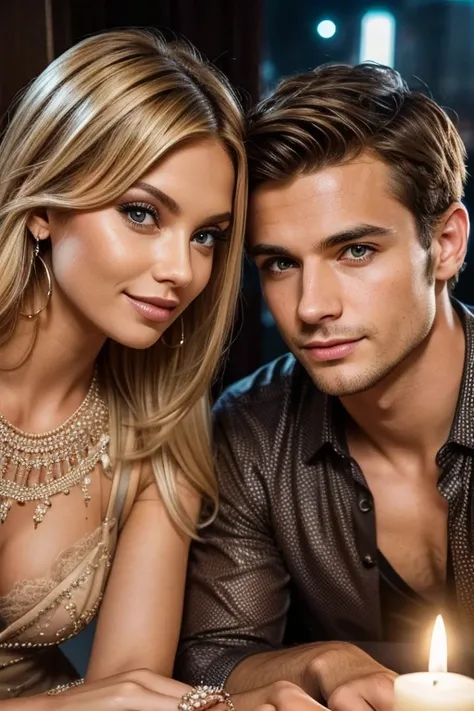 2 Person Date Fair at Night. Lovely couple. slim blonde woman wearing summer mini dress with rhinestones and lace. The man is wearing a shirt . He has brown hair. Both look forward into camera photorealistic details. Looking at camera close-up