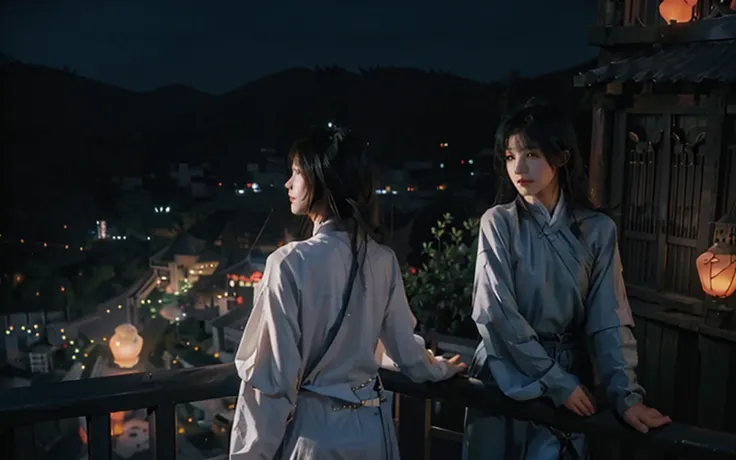 Alafid (Arafed) Asian man standing on the balcony，The background is a lantern,, Bat Ulzan, Shin Jin Hye Aesthetics, As the sunset, A quiet night. Over the shoulder shot, Inspired by Border Guardians, Inspired by jeonseok lee, White Hanfu,