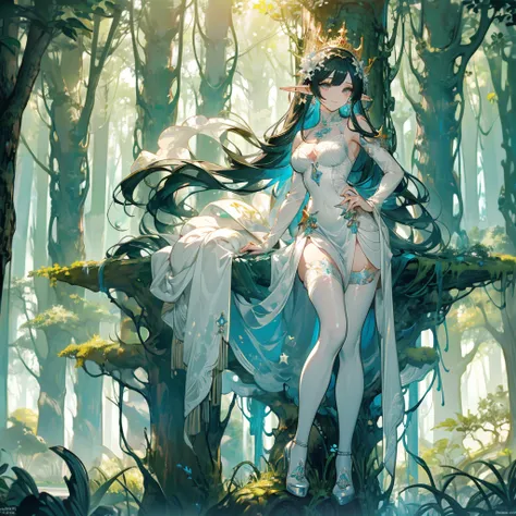 ((masterpiece， best quality))，Elf，Royal sister，forest，Sea of trees，Pure white background，Detailed face，Smile，whole body，Perfect body proportions，Glowing milky white eyes，sexly，Lush foliage and warm sunshine，Tattoo，extremely beautiful，transparent，High heel，...